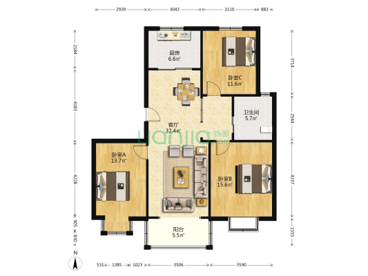 锦城丽景花园 3室1厅1卫 117平方