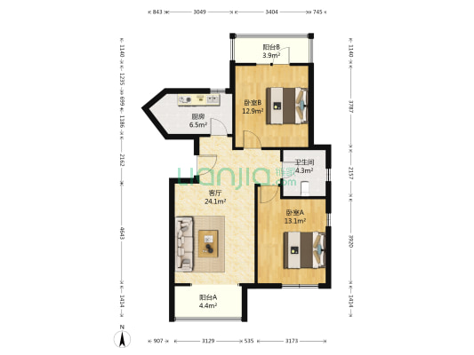 津滨滨海国际1期 2室1厅1卫 96平方