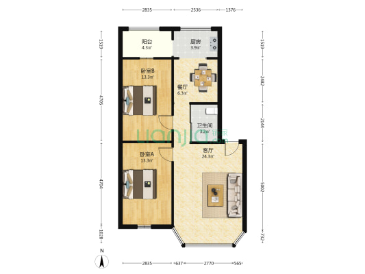 东方三区 2室2厅1卫 80平方