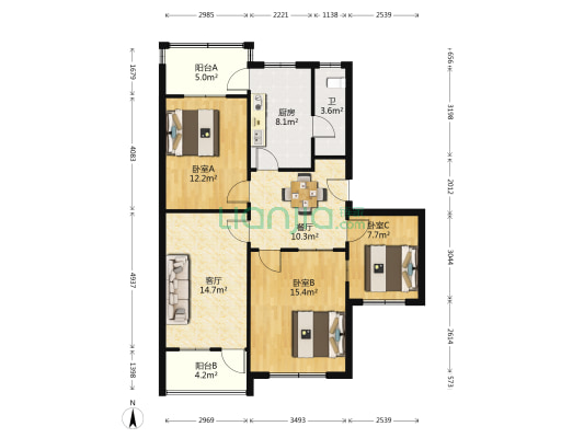 泰安市粮食局宿舍 3室2厅1卫 100平方