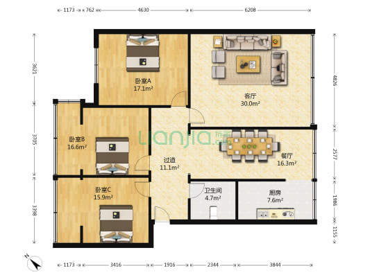 紫东花园 3室2厅1卫 128平方