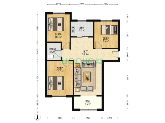 精装修 南北通透三居，楼间距大 70年产权-户型图