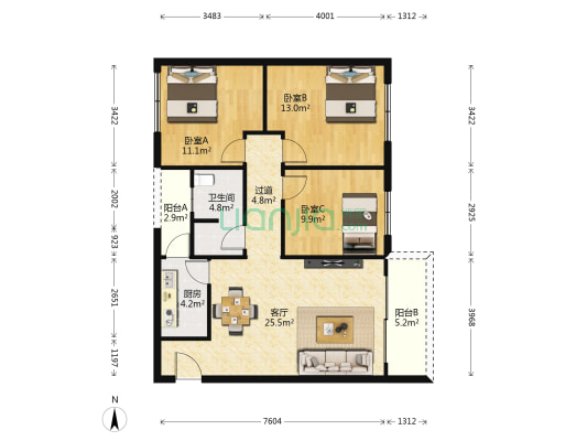 廖家坪安置区 3室1厅1卫 96平方