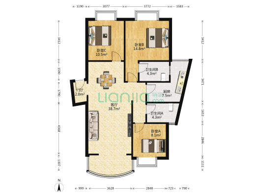 岔路口轻轨站，精装三房，小区住家安静，出行方便-户型图