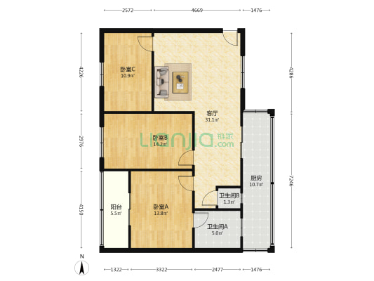景阳巷8号院 3室1厅2卫 110平方
