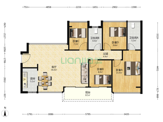 粤港湾华堂里1号 4室1厅2卫 119平方