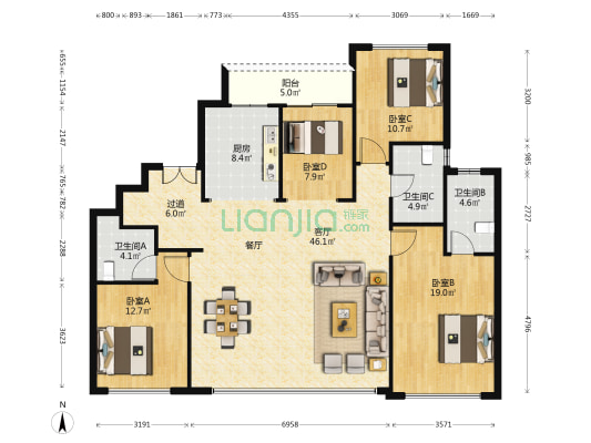 全运村荷风苑 4室1厅3卫 175平方