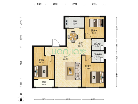 正远汀兰 3室2厅2卫 116平方