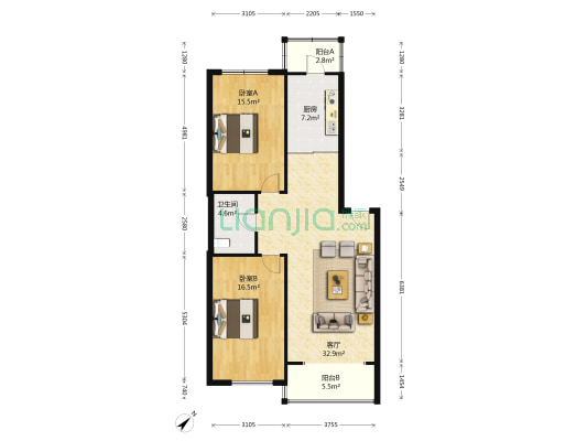 海富康城 2室1厅1卫 98平方
