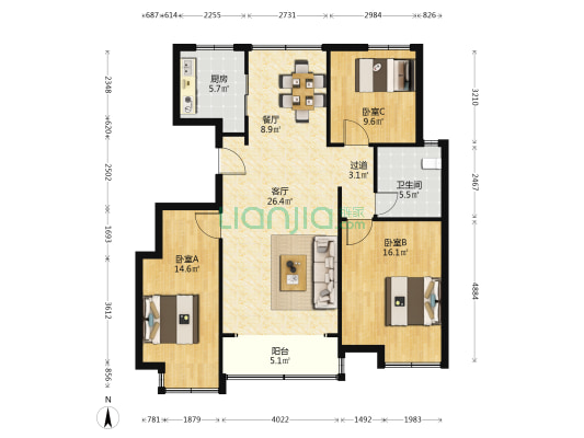 明珠湾 3室2厅1卫 129平方