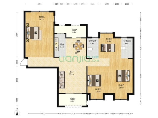 顺华乌龙江大区B区 4室1厅2卫 135平方