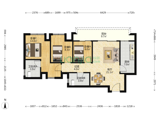融创融耀城 3室1厅2卫 86平方