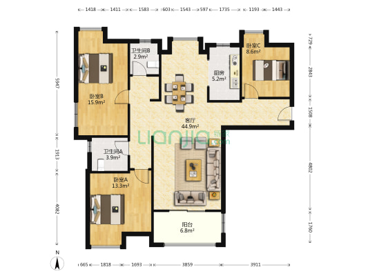 福星惠誉福星华府峯境 3室1厅2卫 141平方
