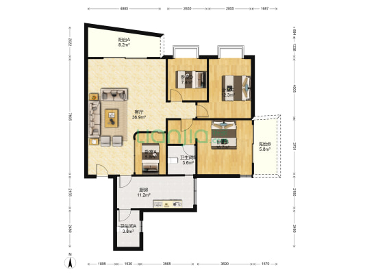 月明居 4室1厅2卫 135平方