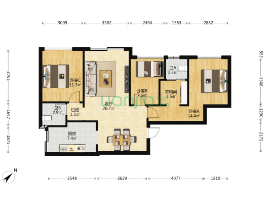 正荣朗基悦江湾 3室1厅2卫 90平方