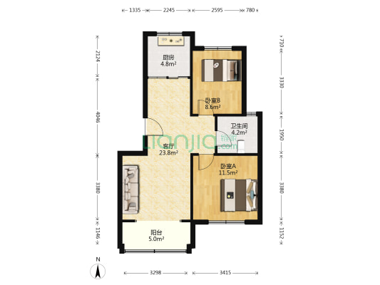 蓝岛天河 2室1厅1卫 76平方