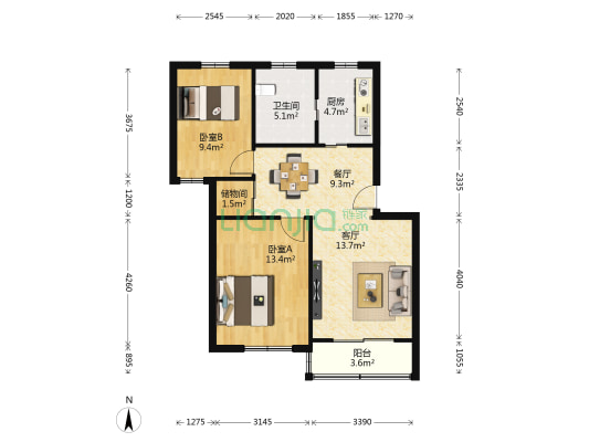 泰景苑 2室2厅1卫 78平方