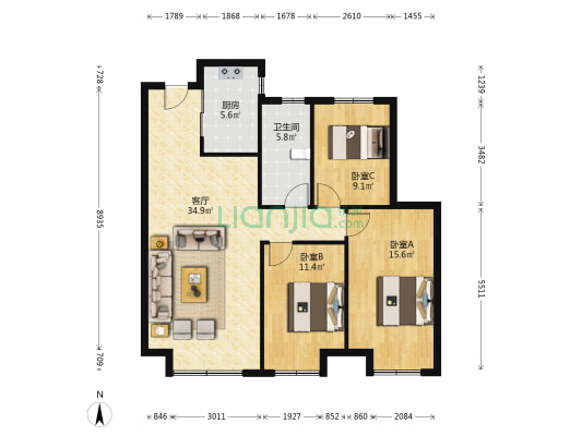 力旺康城五期 3室1厅1卫 115平方