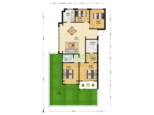 铂瑞悦府 4室1厅2卫 119平方