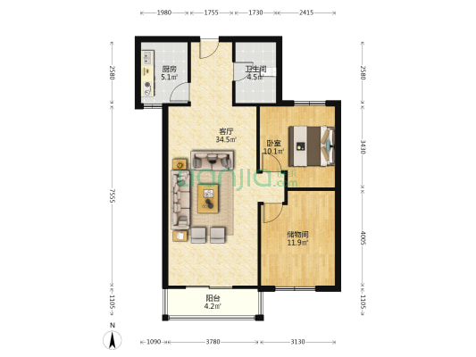 房本满二，有租户，楼位好，户型方正，-户型图