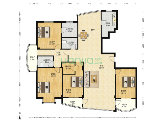 天宝大厦 4室1厅3卫 229平方