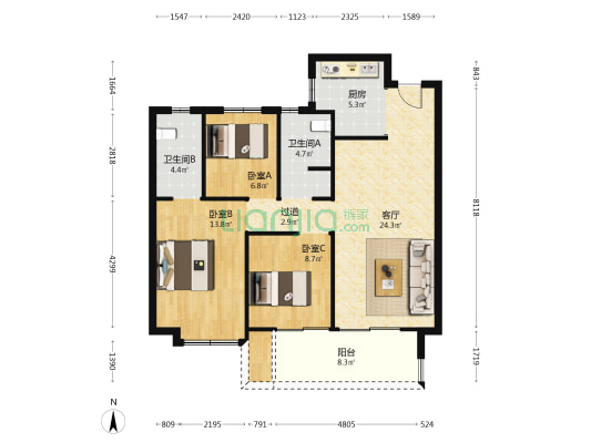 深业健康城 3室1厅2卫 104平方