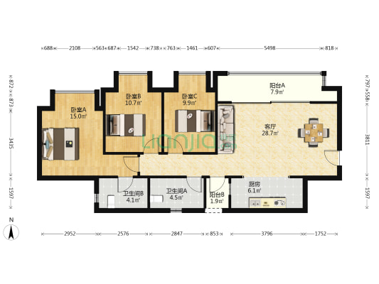 一曲晴江 3室1厅2卫 103平方