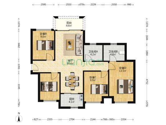 中恒星月湾 4室1厅2卫 114平方