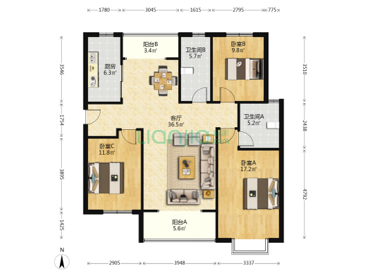 幸福城B区 3室1厅2卫 137平方