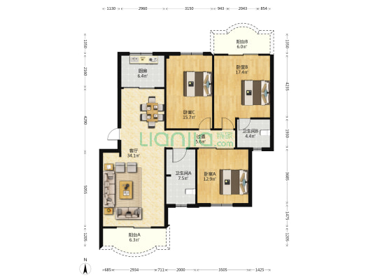 新城枫林苑 3室1厅2卫 133平方
