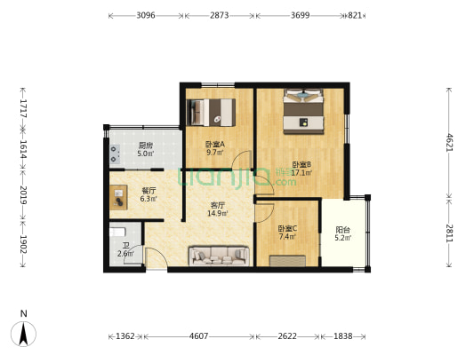 淮海西路77号 3室2厅1卫 80平方