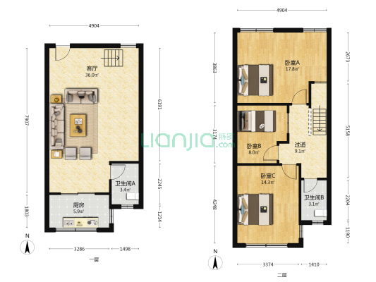 金桥农产品批发市场 3室1厅2卫 115平方