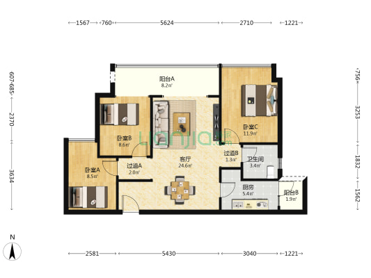 绿地上峯 3室1厅1卫 96平方
