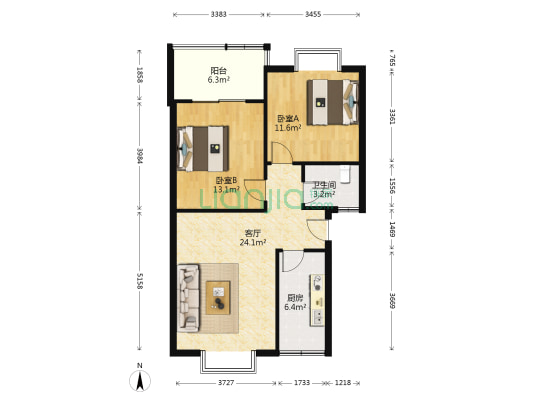 康桥水乡A区 2室1厅1卫 80平方