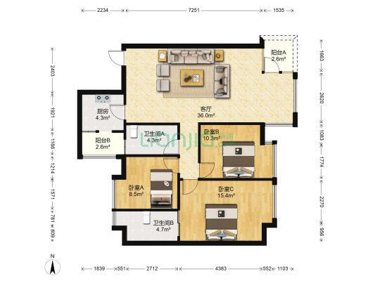 实力北岸 3室1厅2卫 112平方