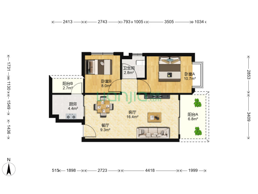 恒大绿洲 2室2厅1卫 80平方