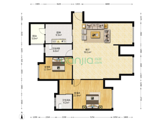 成都花园上城 2室1厅2卫 137平方