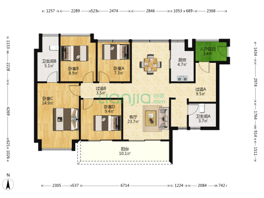 亚运城天峯3区 4室1厅2卫 127平方