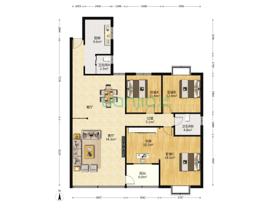 湖南省委统战部宿舍 4室1厅2卫 157平方