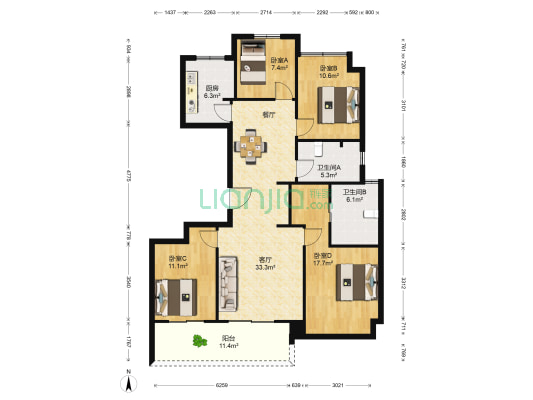 融信远洋厘望轩 4室1厅2卫 135平方