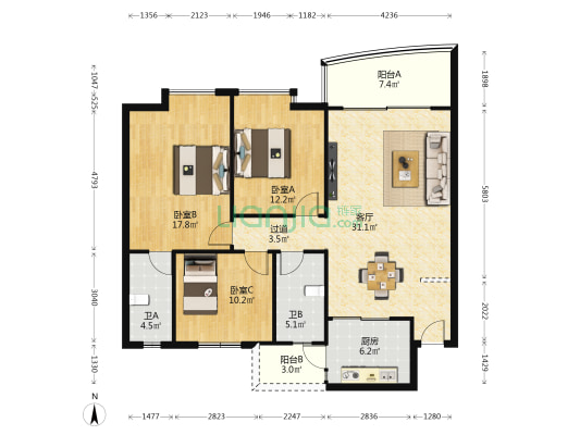 和基花园南区 3室1厅2卫 129平方