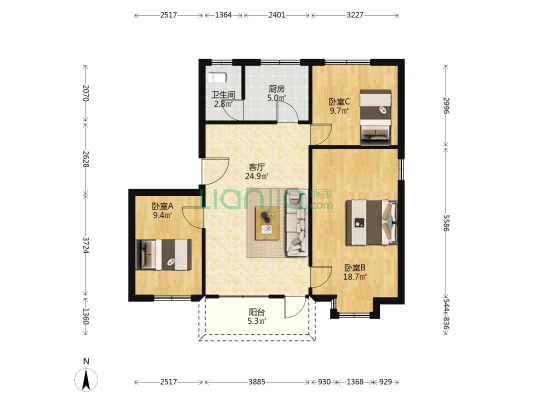 建设路西一巷 3室1厅1卫 90平方