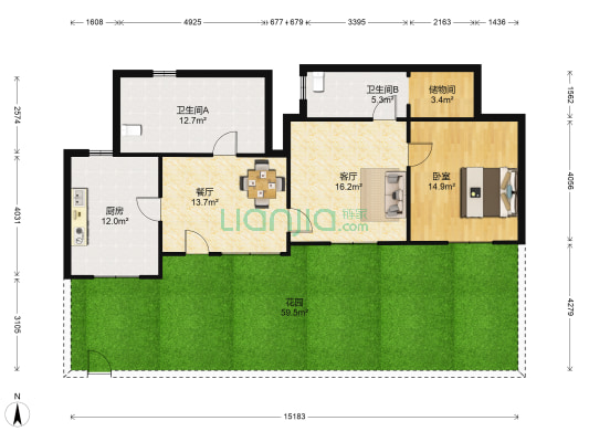信号山路 1室2厅2卫 68平方