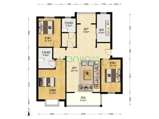 军欣家园 3室2厅2卫 126平方