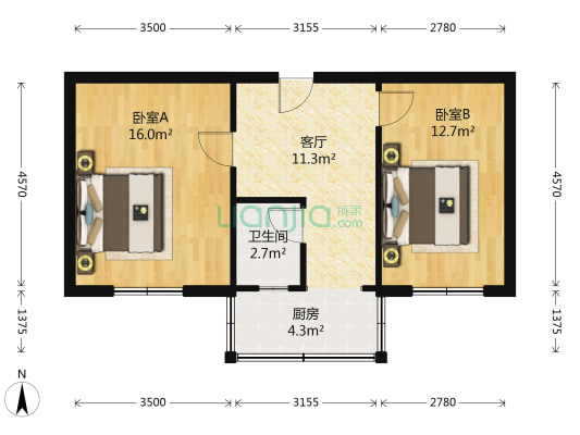 师大公寓 2室1厅1卫 55平方