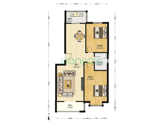 蓝月庭苑 2室1厅1卫 105平方