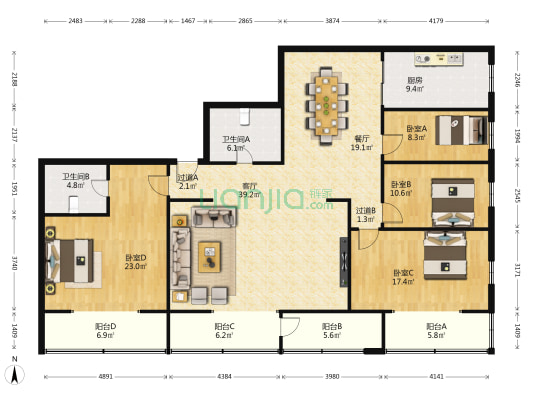 西美小区 4室2厅2卫 180平方