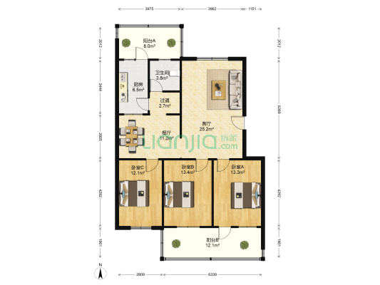 银苑小区 3室2厅1卫 118平方
