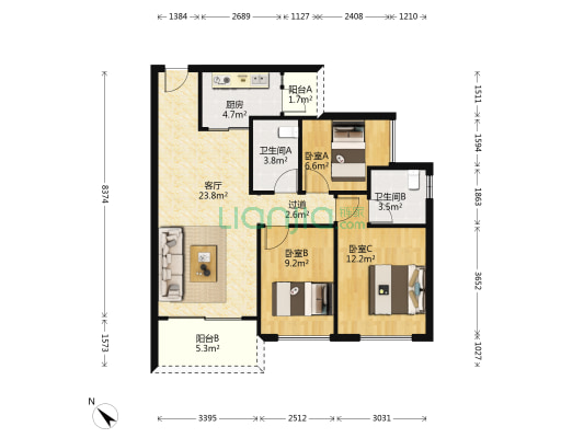 清远美林湖 3室1厅2卫 91平方