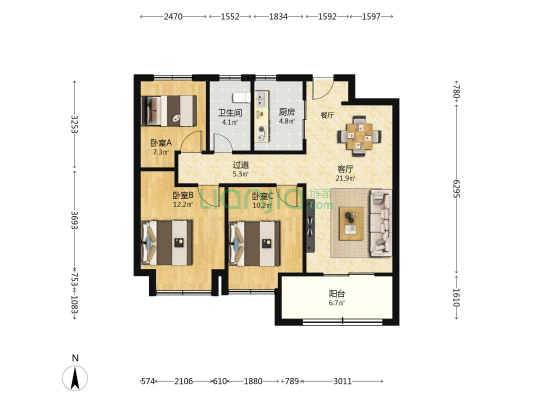 麓园 3室1厅1卫 96平方